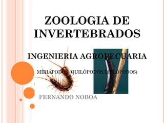 ZOOLOGIA DE
INVERTEBRADOS
INGENIERIA AGROPECUARIA
MIRIÁPODOS (QUILÓPODOS,DIPLÓPODOS)
FERNANDO NOBOA
 