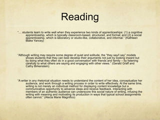 Reading
“… students learn to write well when they experience two kinds of apprenticeships: (1) a cognitive
apprenticeship, which is typically classroom-based, structured, and formal; and (2) a social
apprenticeship, which is laboratory or studio-like, collaborative, and informal.” (Kathleen
Blake Yancey)
“Although writing may require some degree of quiet and solitude, the “they say/I say” models
shows students that they can best develop their arguments not just by looking inward but
by doing what they often do in a good conversation with friends and family – by listening
carefully to what others are saying and engaging with other views.” (Gerald Graff and
Cathy Birkenstein)
“A writer in any rhetorical situation needs to understand the content of her idea, conceptualize her
audience, and work through a writing process in order to write effectively. At the same time,
writing is not merely an individual method for displaying content knowledge but a
communicative opportunity to advance ideas and receive feedback. Interacting with
members of an authentic audience can underscore this social nature of writing, infusing the
writing with meaning and motivating its production in ways that typical school assignments
often cannot.” (Alecia Marie Magnifico)
 