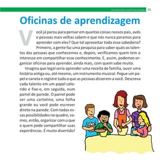 Construindo uma Nova Geração
                                                                  Bairro Sustentável   11
                                                                                        11


Oficinas de aprendizagem
V
          ocê já parou para pensar em quantas coisas nossos pais, avós
          e pessoas mais velhas sabem e que nós nunca paramos para
          aprender com eles? Que tal aproveitar toda essa sabedoria?
          Primeiro, a gente faz uma pesquisa para saber quais os talen-
tos das pessoas que conhecemos e, depois, verificamos quem tem o
interesse em compartilhar esse conhecimento. E, assim, podemos or-
ganizar oficinas para aprender, ainda mais, com quem sabe muito.
   Imagina que legal seria aprender uma receita de família, ouvir uma
história antiga ou, até mesmo, um instrumento musical. Pegue um pa-
pel e caneta e registre tudo o que as pessoas disserem a você. Descreva
cada talento em um papel colo-
rido e fixe-o, em seguida, num
painel de parede. O painel pode
ser uma cartolina, uma folha
grande ou você pode escrever
direto na parede. Com todas es-
sas possibilidades no quadro, va-
mos, então, organizar com o que
e quem pode compartilhar suas
experiências. É muito divertido!
 