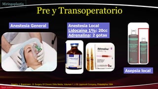 Asepsia local
Sheehy, J. Brackmann , D. Surgery Of Chronic Otitis Media, Volumen 1, J. B. Lippincott Company, Philadelphia 1994
Pre y Transoperatorio
Anestesia General Anestesia Local
Lidocaína 1%: 20cc
Adrenalina: 2 gotas
Miringoplastia
 