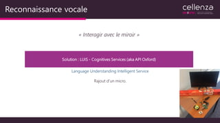 Reconnaissance vocale
« Interagir avec le miroir »
Solution : LUIS - Cognitives Services (aka API Oxford)
Language Understanding Intelligent Service
Rajout d’un micro.
 
