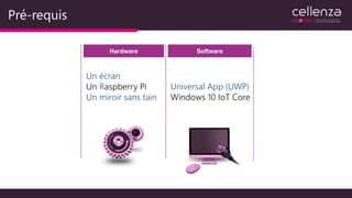 Pré-requis
Universal App (UWP)
Windows 10 IoT Core
Un écran
Un Raspberry Pi
Un miroir sans tain
Hardware Software
 
