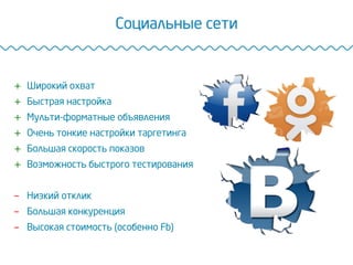 Социальные сети
+  Широкий охват
+  Быстрая настройка
+  Мульти-форматные объявления
+  Очень тонкие настройки таргетинга
+  Большая скорость показов
+  Возможность быстрого тестирования
-  Низкий отклик
-  Большая конкуренция
-  Высокая стоимость (особенно Fb)
 
