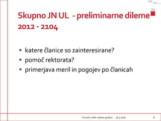 SkupnoJNUL - preliminarne dileme
2012 - 2104
 katere članice so zainteresirane?
 pomoč rektorata?
 primerjava meril in ...