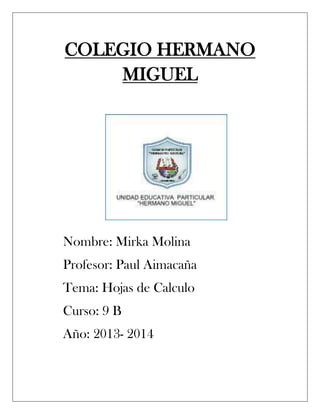 COLEGIO HERMANO
MIGUEL

Nombre: Mirka Molina
Profesor: Paul Aimacaña
Tema: Hojas de Calculo
Curso: 9 B
Año: 2013- 2014

 