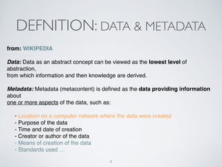 DEFNITION: DATA & METADATA
"
from: WIKIPEDIA!
"
Data: Data as an abstract concept can be viewed as the lowest level of
abstraction,  
from which information and then knowledge are derived. 
Metadata: Metadata (metacontent) is deﬁned as the data providing information
about  
one or more aspects of the data, such as:  
" - Location on a computer network where the data were created" "
" - Purpose of the data"
" - Time and date of creation"
" - Creator or author of the data"
" - Means of creation of the data"
" - Standards used … 
9
 