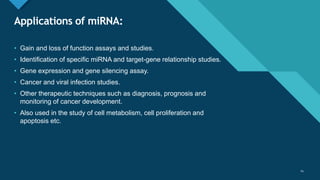 Click to edit Master title style
14
Applications of miRNA:
14
• Gain and loss of function assays and studies.
• Identification of specific miRNA and target-gene relationship studies.
• Gene expression and gene silencing assay.
• Cancer and viral infection studies.
• Other therapeutic techniques such as diagnosis, prognosis and
monitoring of cancer development.
• Also used in the study of cell metabolism, cell proliferation and
apoptosis etc.
 