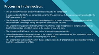 Click to edit Master title style
9
Processing in the nucleus:
9
• The pre-miRNA transcript is first formed in the nucleus by the transcription.
• A large number of miRNAs are transcribed using the RNA polymerase II, though some are transcribed by the
RNA polymerase III too.
• The RNA pol II or RNA pol III mediated transcribed product is known as the pri-miRNA or primary-miRNA
which is several kb in length having a hairpin-like stem-loop like structure.
• The Drosha in conjugation with the DGCR8 or Pash forms a large microprocessor complex which cleaves
the Pol II transcribed pri-miRNA hairpin at the junction of loop and stem.
• The precursor miRNA hairpin is formed by this large microprocessor complex.
• Two different RNase III enzymes involved in the process of maturation of miRNA, first, the Drosha binds to
pri-miRNA(primary miRNA) and creates the precursor miRNA.
• The Drosha cleaves the dsRNA hairpin duplex and generates the 5’ phosphate and 2 nucleotide overhang at
the 3’ OH end (as like the siRNA).
 