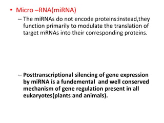 • Micro –RNA(miRNA)
– The miRNAs do not encode proteins:instead,they
function primarily to modulate the translation of
target mRNAs into their corresponding proteins.
– Posttranscriptional silencing of gene expression
by miRNA is a fundemental and well conserved
mechanism of gene regulation present in all
eukaryotes(plants and animals).
 