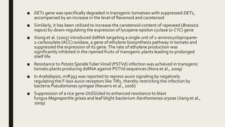 ■ DET1 gene was specifically degraded in transgenic tomatoes with suppressed DET1,
accompanied by an increase in the level of flavonoid and carotenoid
■ Similarly, it has been utilized to increase the carotenoid content of rapeseed (Brassica
napus) by down-regulating the expression of lycopene epsilon cyclase (ε-CYC) gene
■ Xiong et al. (2005) introduced dsRNA targeting a single unit of 1-aminocyclopropane-
1-carboxylate (ACC) oxidase, a gene of ethylene biosynthesis pathway in tomato and
suppressed the expression of its gene.The rate of ethylene production was
significantly inhibited in the ripened fruits of transgenic plants leading to prolonged
shelf life
■ Resistance to Potato SpindleTuberViroid (PSTVd) infection was achieved in transgenic
tomato plants producing dsRNA against PSTVd sequences (Nora et al., 2009)
■ In Arabidopsis, miR393 was reported to repress auxin signaling by negatively
regulating the F-box auxin receptors like TIR1, thereby restricting the infection by
bacteria Pseudomonas syringae (Navarro et al., 2006)
■ Suppression of a rice gene OsSSI2led to enhanced resistance to blast
fungus Magnaporthe grisea and leaf blight bacterium Xanthomonas oryzae (Jiang et al.,
2009)
 
