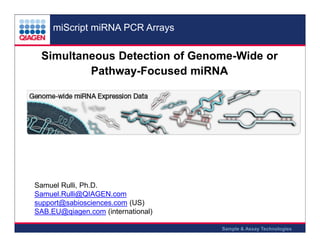 miScript miRNA PCR Arrays

Simultaneous Detection of Genome-Wide or
Pathway-Focused miRNA

Samuel Rulli, Ph.D.
Samuel.Rulli@QIAGEN.com
support@sabiosciences.com (US)
SAB.EU@qiagen.com (international)
Sample & Assay Technologies

 