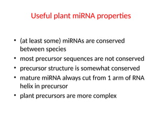 Useful plant miRNA properties
• (at least some) miRNAs are conserved
between species
• most precursor sequences are not conserved
• precursor structure is somewhat conserved
• mature miRNA always cut from 1 arm of RNA
helix in precursor
• plant precursors are more complex
 