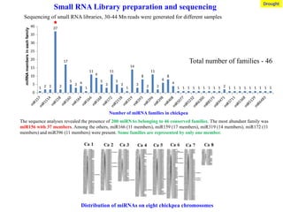 Small RNA Library preparation and sequencing
Sequencing of small RNA libraries, 30-44 Mn reads were generated for different samples
m
i
R
1
5
7
m
i
R
1
5
1
4
m
i
R
1
5
8
m
i
R
1
6
0
m
i
R
1
6
4
m
i
R
1
6
6
m
i
R
1
6
8
m
i
R
1
7
2
m
i
R
2
1
1
8
m
i
R
3
1
9
m
i
R
3
9
3
m
i
R
3
9
6
m
i
R
3
9
8
m
i
R
4
0
8
m
i
R
5
0
7
7
m
i
R
5
2
3
2
m
i
R
6
3
0
0
m
i
R
8
1
7
5
m
i
R
9
4
7
1
m
i
R
3
7
1
1
m
i
R
5
3
6
8
m
i
R
5
1
3
9
m
i
R
6
4
8
3
0
5
10
15
20
25
30
35
40
1 2 2
37
2
17
5
3 4
1
11
9
5
3
11
5
3
1
14
3
8
2
11
2
6
8
4
1 1 1 1 1 1 1 1 1 2 1 1 1 1 1 1 1 1 1
miRNA family
miRNA
members
in
each
family
Total number of families - 46
The sequence analyses revealed the presence of 200 miRNAs belonging to 46 conserved families. The most abundant family was
miR156 with 37 members. Among the others, miR166 (11 members), miR159 (17 members), miR319 (14 members), miR172 (11
members) and miR396 (11 members) were present. Some families are represented by only one member.
Number of miRNA families in chickpea
Distribution of miRNAs on eight chickpea chromosomes
Drought
 