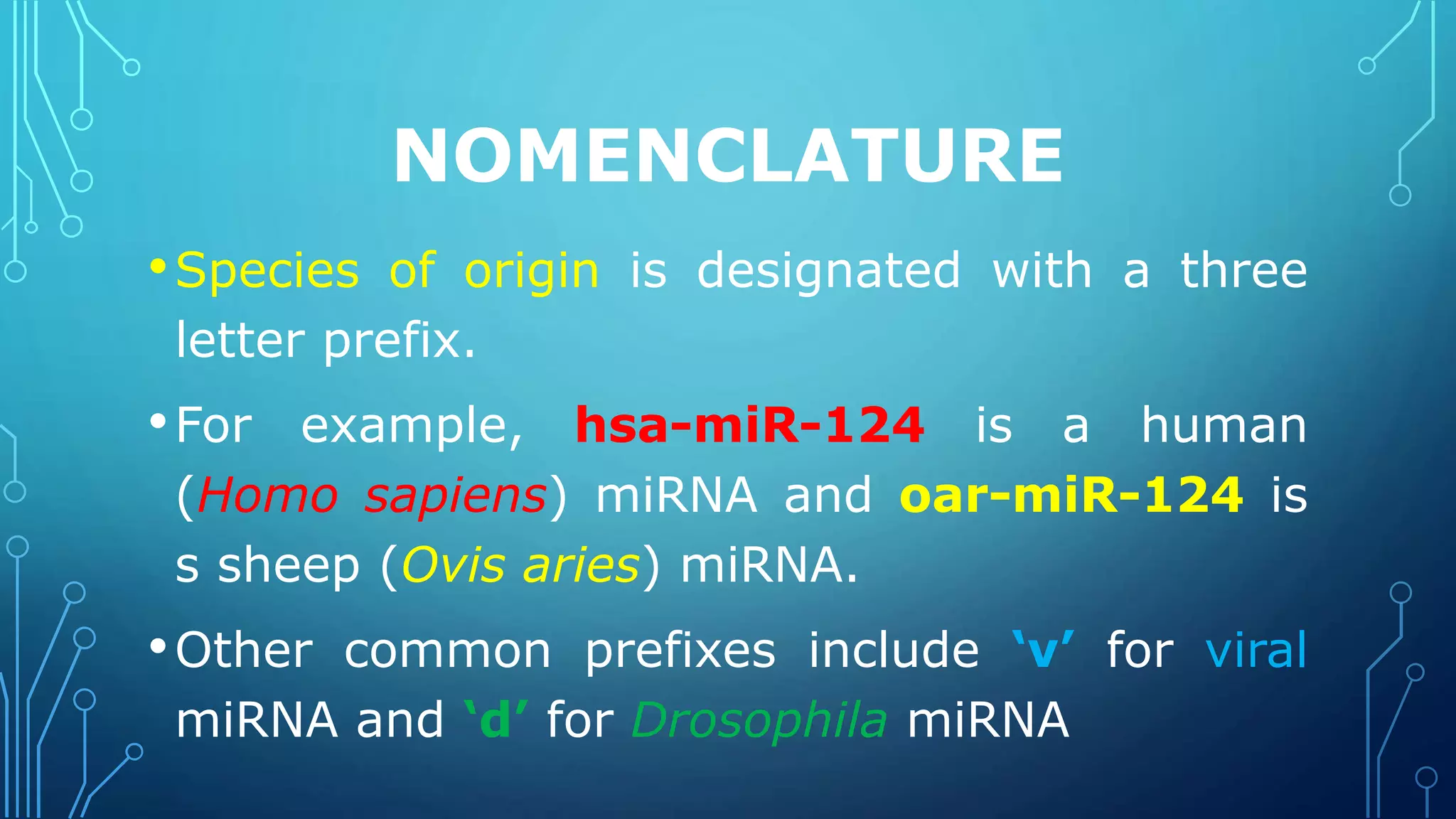 NOMENCLATURE
•Species of origin is designated with a three
letter prefix.
•For example, hsa-miR-124 is a human
(Homo sapiens) miRNA and oar-miR-124 is
s sheep (Ovis aries) miRNA.
•Other common prefixes include ‘v’ for viral
miRNA and ‘d’ for Drosophila miRNA
 