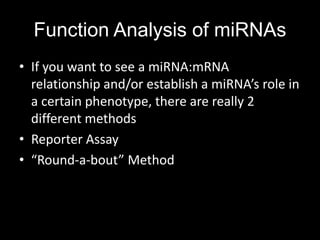 Function Analysis of miRNAs
• If you want to see a miRNA:mRNA
  relationship and/or establish a miRNA’s role in
  a certain phenotype, there are really 2
  different methods
• Reporter Assay
• “Round-a-bout” Method
 