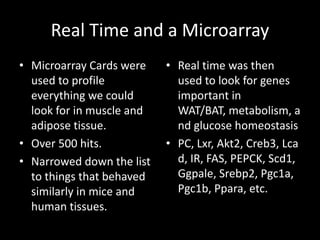 Real Time and a Microarray
• Microarray Cards were    • Real time was then
  used to profile            used to look for genes
  everything we could        important in
  look for in muscle and     WAT/BAT, metabolism, a
  adipose tissue.            nd glucose homeostasis
• Over 500 hits.           • PC, Lxr, Akt2, Creb3, Lca
• Narrowed down the list     d, IR, FAS, PEPCK, Scd1,
  to things that behaved     Ggpale, Srebp2, Pgc1a,
  similarly in mice and      Pgc1b, Ppara, etc.
  human tissues.
 