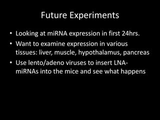 Future Experiments
• Looking at miRNA expression in first 24hrs.
• Want to examine expression in various
  tissues: liver, muscle, hypothalamus, pancreas
• Use lento/adeno viruses to insert LNA-
  miRNAs into the mice and see what happens
 