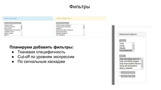 Фильтры 
Планируем добавить фильтры: 
● Тканевая специфичность 
● Cut-off по уровням экспрессии 
● По сигнальным каскадам 
 