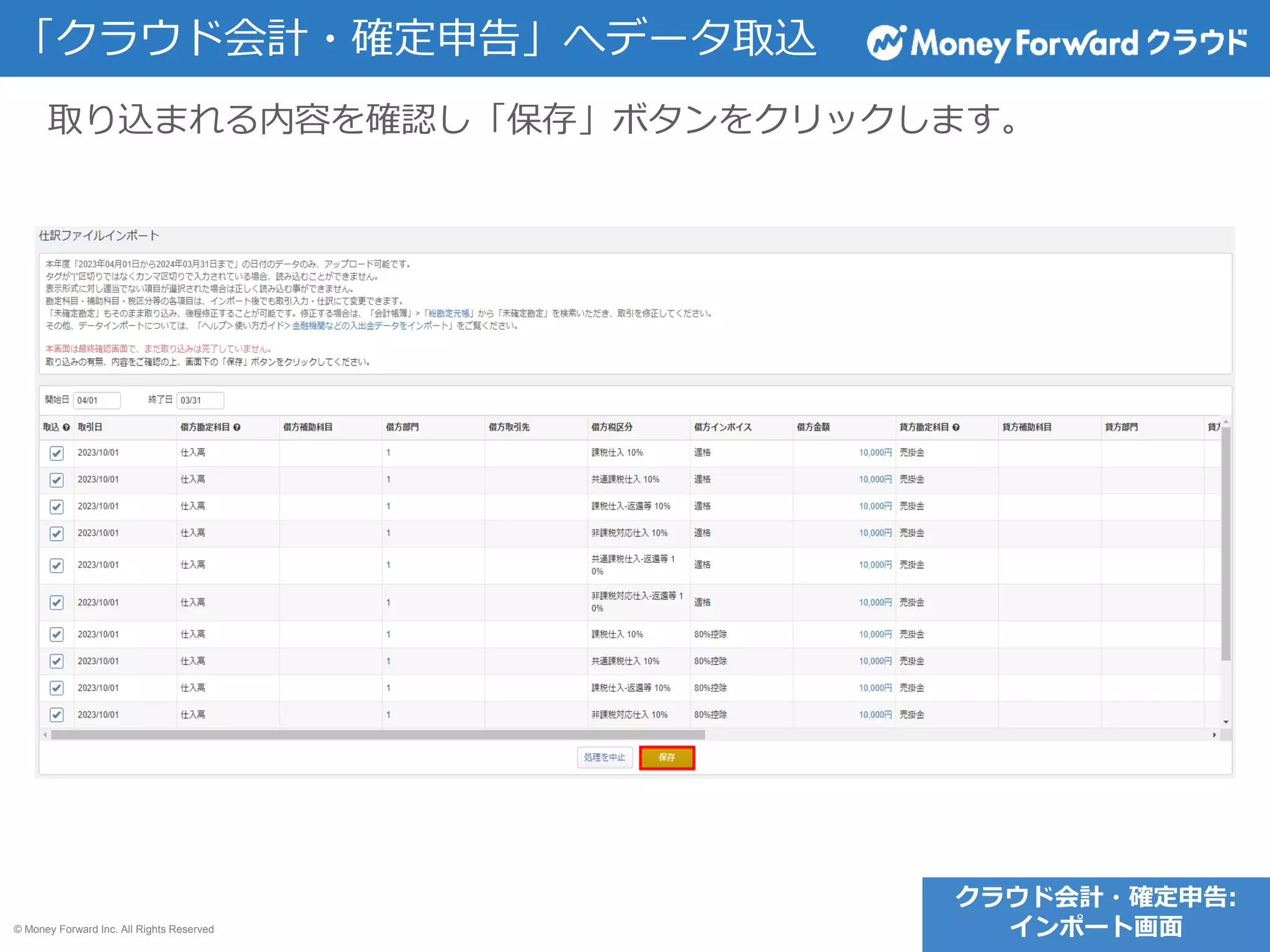© Money Forward Inc. All Rights Reserved
「クラウド会計・確定申告」へデータ取込
取り込まれる内容を確認し「保存」ボタンをクリックします。
クラウド会計・確定申告:
インポート画面
 