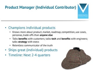 • Champions individual products
• Knows more about product, market, roadmap, competition, use cases,
personas, trade-offs ...