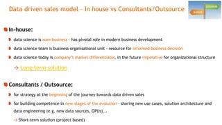 Data driven sales model – In house vs Consultants/Outsource
In-house:
data science is core business – has pivotal role in ...
