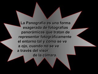 La Panografía es una forma exagerada de fotografías panorámicas que tratan de representar fotográficamente  el entorno tal y como se ve  a ojo, cuando no se ve  a través del visor  de la cámara.   