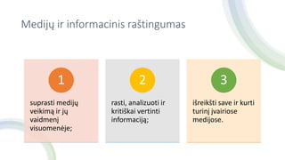 Medijų ir informacinis raštingumas
suprasti medijų
veikimą ir jų
vaidmenį
visuomenėje;
1
rasti, analizuoti ir
kritiškai vertinti
informaciją;
2
išreikšti save ir kurti
turinį įvairiose
medijose.
3
 