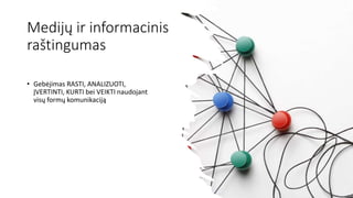 Medijų ir informacinis
raštingumas
• Gebėjimas RASTI, ANALIZUOTI,
ĮVERTINTI, KURTI bei VEIKTI naudojant
visų formų komunikaciją
 