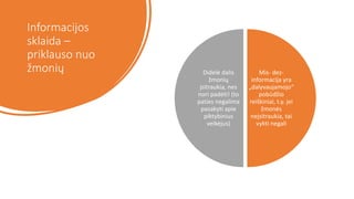 Informacijos
sklaida –
priklauso nuo
žmonių Mis- dez-
informacija yra
„dalyvaujamojo“
pobūdžio
reiškiniai, t.y. jei
žmonės
neįsitraukia, tai
vykti negali
Didelė dalis
žmonių
įsitraukia, nes
nori padėti! (to
paties negalima
pasakyti apie
piktybinius
veikėjus)
 