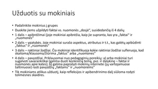 Užduotis su mokiniais
• Padalinkite mokinius į grupes
• Duokite jiems užpildyti faktai vs. nuomonės „dosjė“, susidedančią iš 4 dalių
• 1 dalis – apibrėžimai (joje mokiniai apibrėžia, kaip jie supranta, kas yra „faktai“ ir
„nuomonės“
• 2 dalis – ypatybės. Joje mokiniai surašo aspektus, atributus ir t.t., kas galėtų apibūdinti
„faktus“ ir „nuomones“
• 3 dalis – raktiniai žodžiai. Čia mokiniai identifikuoja kokie raktiniai žodžiai sufleruoja, kad
skaitoma/klausoma/žiūrima „faktus“ arba „nuomones“
• 4 dalis – pavyzdžiai. Priklausomai nuo pedagoginių poreikių: a) arba mokiniai turi
sugalvoti savarankiškai (galima duoti konkrečią temą, pvz. ir dalykinę – faktai ir
nuomonės apie kates); b) galima paprašyti mokinių internete (jų vartojamuose
šaltiniuose) rasti pavyzdžių „faktams“ ir „nuomonėms“
• Tik mokiniams atlikus užduotį, kaip refleksijos ir apibendrinimo dalį siūloma rodyti
tolimesnes skaidres.
 