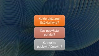 Kokie didžiausi
iššūkiai kyla?
Kas pavyksta
puikiai?
Ko norite
pasiekti/išmokti?
 