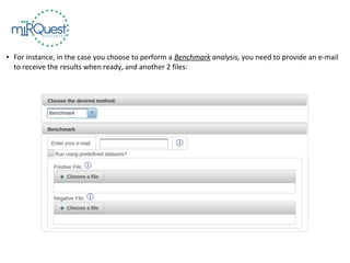 ● For instance, in the case you choose to perform a Benchmark analysis, you need to provide an e-mail
to receive the results when ready, and another 2 files:
 