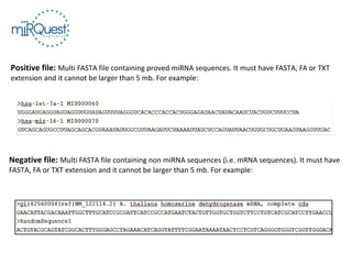 Positive file: Multi FASTA file containing proved miRNA sequences. It must have FASTA, FA or TXT
extension and it cannot be larger than 5 mb. For example:
Negative file: Multi FASTA file containing non miRNA sequences (i.e. mRNA sequences). It must have
FASTA, FA or TXT extension and it cannot be larger than 5 mb. For example:
 