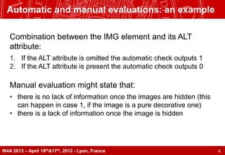 Automatic and manual evaluations: an example

   Combination between the IMG element and its ALT
   attribute:
   1. If th...