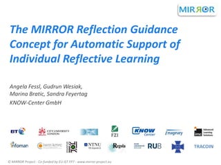 The MIRROR Reflection Guidance
Concept for Automatic Support of
Individual Reflective Learning
Angela Fessl, Gudrun Wesiak,
Marina Bratic, Sandra Feyertag
KNOW-Center GmbH

© MIRROR Project - Co-funded by EU IST FP7 - www.mirror-project.eu

 