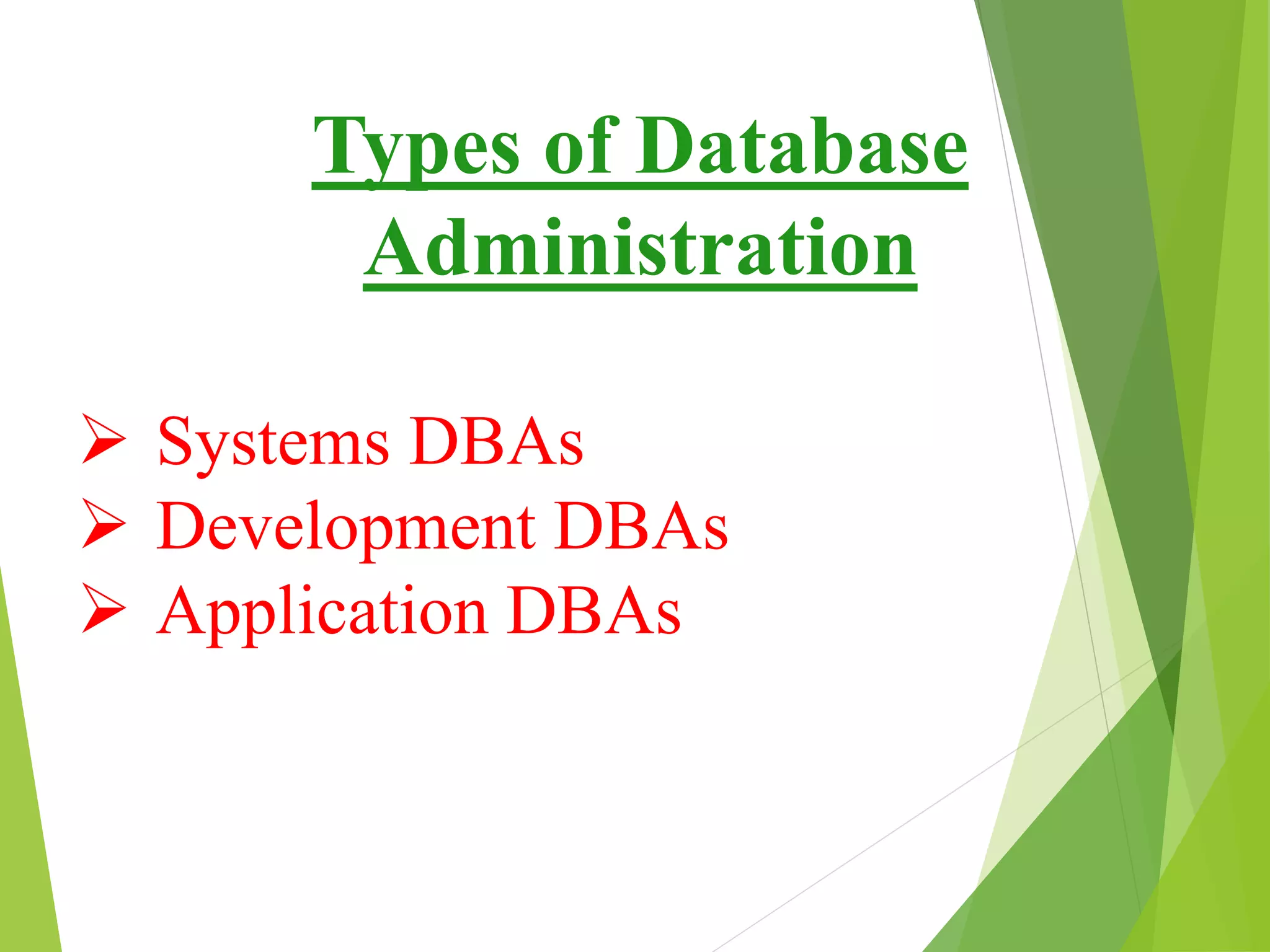 Types of Database
Administration
 Systems DBAs
 Development DBAs
 Application DBAs
 