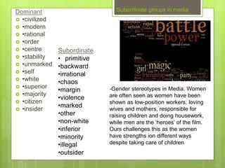 Subordinate groups in mediaDominant
 •civilized
 •modern
 •rational
 •order
 •centre
 •stability
 •unmarked
 •self
 •white
 •superior
 •majority
 •citizen
 •insider
Subordinate
• primitive
•backward
•irrational
•chaos
•margin
•violence
•marked
•other
•non-white
•inferior
•minority
•illegal
•outsider
-Gender stereotypes in Media. Women
are often seen as women have been
shown as low-position workers, loving
wives and mothers, responsible for
raising children and doing housework,
while men are the ‘heroes’ of the film.
Ours challenges this as the women
have strengths ion different ways
despite taking care of children
 