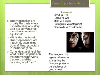 Binary Opposites in Media
 Binary opposites are
usually the basis of our
understanding of a story
as it is a conventional
narrative an enables a
equilibrium.
 Within the media field,
Binary oppositions are
frequently used in the
plots of films, especially
in the horror genre.
 Our understanding of the
word “villain” depends on
the difference between
that word and the
opposing word “hero”.
Examples
• Good vs Evil
• Peace vs War
• Male vs Female
• Protagonist vs Antagonist
• First world vs Third world
The image on the
right is effective in
expressing the
binary opposite to
the audience of
good vs evil.
 