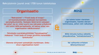 Rekrytoinnin juuret ovat 1700-luvun taisteluissa


                Organisaatio                                                                                  Minä
          ”Rekrytointi” =”Fresh body of troops”
       eli huonokuntoisten joukkojen korvaamista                                                  Jos toimin kuten viereinen
   parempikuntoisilla. Vastaako tämä termi nykyajan                                              organistaatio, koenko olevani
 tarvetta? Jos ei, miksi suurin osa rekryalan yrityksistä                                     toiminnassa, johon voin vaikuttaa?
   silti toimii tällä periaatteella, eli katsoo asiaa vain
                organisaation näkökulmasta?
                                                                             &
   Palveleeko suorahakuyhtiöiden”kassakaapissa”                                                 Miltä minusta tuntuu odotella
 makaavat ”fresh body of troops (profiilit) kenenkään                                         yhteydenottoa ”toimeksiantooni”?
                    tarkoitusta?

   Olemme siirtyneet työntekijän markkinaan. Onko                                                      Vai valitsenko erilaisen
              sinun organisaatiosi myös?                                                                  lähestymistavan?


                                    You know what works best - We help you see and create the future
 