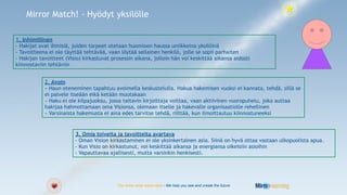 Mirror Match! - Hyödyt yksilölle

1. Inhimillinen
- Hakijat ovat ihmisiä, joiden tarpeet otetaan huomioon haussa uniikkeina yksilöinä
- Tavoitteena ei ole täyttää tehtävää, vaan löytää sellainen henkilö, jolle se sopii parhaiten
- Hakijan tavoitteet (Visio) kirkastuvat prosessin aikana, jolloin hän voi keskittää aikansa aidosti
kiinnostaviin tehtäviin


            2. Avoin
            - Haun eteneminen tapahtuu avoimella keskustelulla. Hakua hakemisen vuoksi ei kannata, tehdä, sillä se
            ei palvele itseään eikä ketään muutakaan
            - Haku ei ole kilpajuoksu, jossa taitavin kirjoittaja voittaa, vaan aktiivinen vuoropuhelu, joka auttaa
            hakijaa hahmottamaan oma Visionsa, olemaan itselle ja hakevalle organisaatiolle rehellinen
            - Varsinaista hakemusta ei aina edes tarvitse tehdä, riittää, kun ilmoittautuu kiinnostuneeksi


                         3. Omia toiveita ja tavoitteita avartava
                         - Oman Vision kirkastaminen ei ole yksinkertainen asia. Siinä on hyvä ottaa vastaan ulkopuolista apua.
                         - Kun Visio on kirkastunut, voi keskittää aikansa ja energiansa oikeisiin asioihin
                         - Vapauttavaa ajallisesti, mutta varsinkin henkisesti.




                                           You know what works best - We help you see and create the future
 