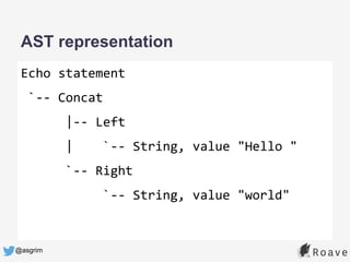 @asgrim
AST representation
Echo statement
`-- Concat
|-- Left
| `-- String, value "Hello "
`-- Right
`-- String, value "world"
 