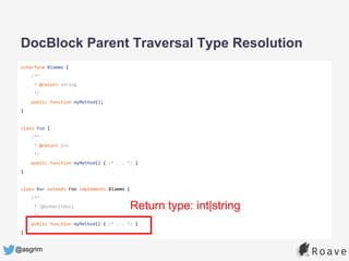 @asgrim
interface Blammo {
/**
* @return string
*/
public function myMethod();
}
class Foo {
/**
* @return int
*/
public function myMethod() { /* ... */ }
}
class Bar extends Foo implements Blammo {
/**
* {@inheritDoc}
*/
public function myMethod() { /* ... */ }
}
DocBlock Parent Traversal Type Resolution
Return type: int|string
 