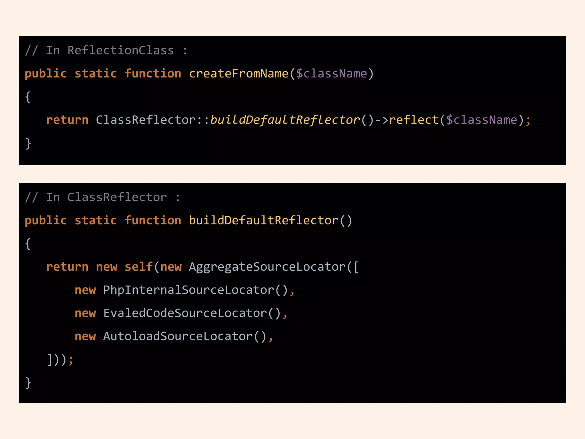 // In ReflectionClass :
public static function createFromName($className)
{
return ClassReflector::buildDefaultReflector()->reflect($className);
}
// In ClassReflector :
public static function buildDefaultReflector()
{
return new self(new AggregateSourceLocator([
new PhpInternalSourceLocator(),
new EvaledCodeSourceLocator(),
new AutoloadSourceLocator(),
]));
}
 