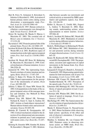 190       RIZZOLATTI         CRAIGHERO


                                                                                     Hari R, Forss N, Avikainen S, Kirveskari S,            ship between saccadic eye movements and
                                                                                        Salenius S, Rizzolatti G. 1998. Activation of       cortical activity as measured by fMRI: quan-
                                                                                        human primary motor cortex during action            titative and qualitative aspects. Exp. Brain
                                                                                        observation: a neuromagnetic study. Proc.           Res. 141:184–94
                                                                                        Natl. Acad. Sci. USA 95:15061–65                  Kohler E, Keysers C, Umilt` MA, Fogassi
                                                                                                                                                                         a
                                                                                     Hari R, Salmelin R. 1997. Human cortical os-           L, Gallese V, Rizzolatti G. 2002. Hear-
                                                                                        cillations: a neuromagnetic view through the        ing sounds, understanding actions: action
                                                                                        skull. Trends Neurosci. 20:44–49                    representation in mirror neurons. Science
                                                                                     Heiser M, Iacoboni M, Maeda F, Marcus J,               297:846–48
                                                                                        Mazziotta JC. 2003. The essential role of         Koski L, Iacoboni M, Dubeau MC, Woods RP,
                                                                                        Broca’s area in imitation. Eur. J. Neurosci.        Mazziotta JC. 2003. Modulation of cortical
Annu. Rev. Neurosci. 2004.27:169-192. Downloaded from arjournals.annualreviews.org




                                                                                        17:1123–28                                          activity during different imitative behaviors.
                                                                                     Hyvarinen J. 1982. Posterior parietal lobe of the      J. Neurophysiol. 89:460–71
       by University of Colorado - Boulder on 10/18/07. For personal use only.




                                                                                        primate brain. Physiol. Rev. 62:1060–129          Koski L, Wohlschlager A, Bekkering H, Woods
                                                                                     Iacoboni M, Koski LM, Brass M, Bekkering H,            RP, Dubeau MC. 2002. Modulation of mo-
                                                                                        Woods RP, et al. 2001. Reafferent copies of         tor and premotor activity during imitation
                                                                                        imitated actions in the right superior temporal     of target-directed actions. Cereb. Cortex 12:
                                                                                        cortex. Proc. Natl. Acad. Sci. USA 98:13995–        847–55
                                                                                        99                                                Krams M, Rushworth MF, Deiber MP, Frack-
                                                                                     Iacoboni M, Woods RP, Brass M, Bekkering               owiak RS, Passingham RE. 1998. The prepa-
                                                                                        H, Mazziotta JC, Rizzolatti G. 1999. Corti-         ration, execution and suppression of copied
                                                                                        cal mechanisms of human imitation. Science          movements in the human brain. Exp. Brain
                                                                                        286:2526–28                                         Res. 120:386–98
                                                                                     Jeannerod M. 1994. The representing brain.           Lacquaniti F, Guigon E, Bianchi L, Ferraina S,
                                                                                        Neural correlates of motor intention and im-        Caminiti R. 1995. Representing spatial infor-
                                                                                        agery. Behav. Brain Sci. 17:187–245                 mation for limb movement: role of area 5 in
                                                                                     Jellema T, Baker CI, Wicker B, Perrett DI.             the monkey. Cereb. Cortex 5:391–409
                                                                                        2000. Neural representation for the percep-       Liberman AM, Cooper FS, Shankweiler DP,
                                                                                        tion of the intentionality of actions. Brain        Studdert-Kennedy M. 1967. Perception of
                                                                                        Cogn. 442:280–302                                   the speech code. Psychol. Rev. 74:431–61
                                                                                     Jellema T, Baker CI, Oram MW, Perrett DI.            Liberman AM, Mattingly IG. 1985. The motor
                                                                                        2002. Cell populations in the banks of the su-      theory of speech perception revised. Cogni-
                                                                                        perior temporal sulcus of the macaque mon-          tion 21:1–36
                                                                                        key and imitation. See Meltzoff & Prinz           Liberman AM, Whalen DH. 2000. On the re-
                                                                                        2002, pp. 267–90                                    lation of speech to language. Trends Cogn.
                                                                                     Johnson Frey SH, Maloof FR, Newman-                    Neurosci. 4:187–96
                                                                                        Norlund R, Farrer C, Inati S, Grafton ST.         MacNeilage PF. 1998. The frame/content the-
                                                                                        2003. Actions or hand-objects interactions?         ory of evolution of speech production. Behav.
                                                                                        Human inferior frontal cortex and action ob-        Brain Sci. 21:499–511
                                                                                        servation. Neuron 39:1053–58                      Maeda F, Kleiner-Fisman G, Pascual-Leone
                                                                                     Kalaska JF, Caminiti R, Georgopoulos AP.               A. 2002. Motor facilitation while observing
                                                                                        1983. Cortical mechanisms related to the di-        hand actions: speciﬁcity of the effect and
                                                                                        rection of two-dimensional arm movements:           role of observer’s orientation. J. Neurophys-
                                                                                        relations in parietal area 5 and comparison         iol. 87:1329–35
                                                                                        with motor cortex. Exp. Brain Res. 51:247–        Manthey S, Schubotz RI, von Cramon DY.
                                                                                        60                                                  2003. Premotor cortex in observing erro-
                                                                                     Kimmig H, Greenlee MW, Gondan M, Schira                neous action: an fMRI study. Brain Res.
                                                                                        M, Kassubek J, Mergner T. 2001. Relation-           Cogn. Brain Res. 15:296–307
 