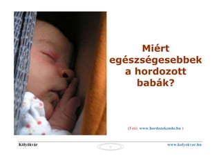 Miért
            egészségesebbek
              a hordozott
                babák?



                (Fotó: www.hordozokendo.hu )


Kölyökvár                          www.kolyokvar.hu
            1
 