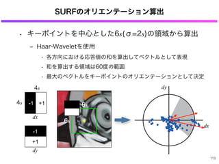 SURFのオリエンテーション算出
• キーポイントを中心とした6s(σ=2s)の領域から算出
‒ Haar-Waveletを使用
• 各方向における応答値の和を算出してベクトルとして表現
• 和を算出する領域は60度の範囲
• 最大のベクトルをキーポイントのオリエンテーションとして決定
4s
4s
９
dx
dy
6s
6s
dy
dx
dy
dx
113
+1
+1
-1
-1
 