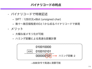 バイナリコードの利点
• バイナリコードで特徴記述
‒ SIFT：128次元 8bit (unsigned char)
‒ 数十∼数百個程度の0と1から成るバイナリコードで表現
• メリット
‒ 大幅な省メモリ化が可能
‒ ハミング距離による高速な距離計算
010010000
010010101
000000101
XOR
ハミング距離: 2
→SSE命令で高速に演算可能
119
 