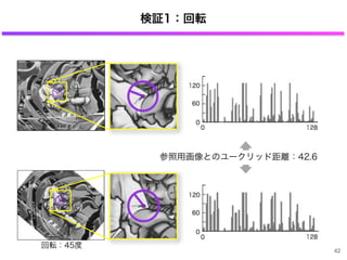 検証1：回転
参照用画像とのユークリッド距離：42.6
回転：45度
42
 