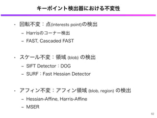 キーポイント検出器における不変性
• 回転不変：点(interests point)の検出
‒ Harrisのコーナー検出
‒ FAST, Cascaded FAST
• スケール不変：領域 (blob) の検出
‒ SIFT Detector：DOG
‒ SURF：Fast Hessian Detector
• アフィン不変：アフィン領域 (blob, region) の検出
‒ Hessian-Aﬃne, Harris-Aﬃne
‒ MSER
62
 