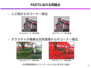 FASTにおける問題点
• 人工物からのコーナー検出
• テクスチャが複雑な自然画像からのコーナー検出
74
Harrisのコーナー検出結果 FASTのコーナー検出結果
→自然画像領域からコーナーらしくない点を多く検出
Harrisのコーナー検出結果 FASTのコーナー検出結果
 